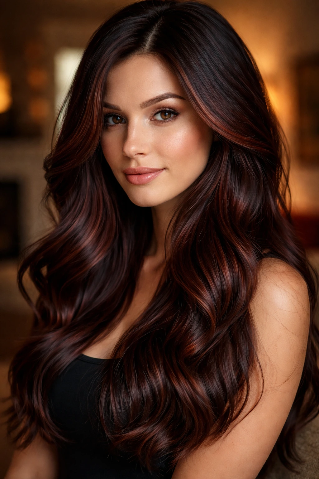 Close-up of real woman with dark red-brown highlights in dark brown hair
