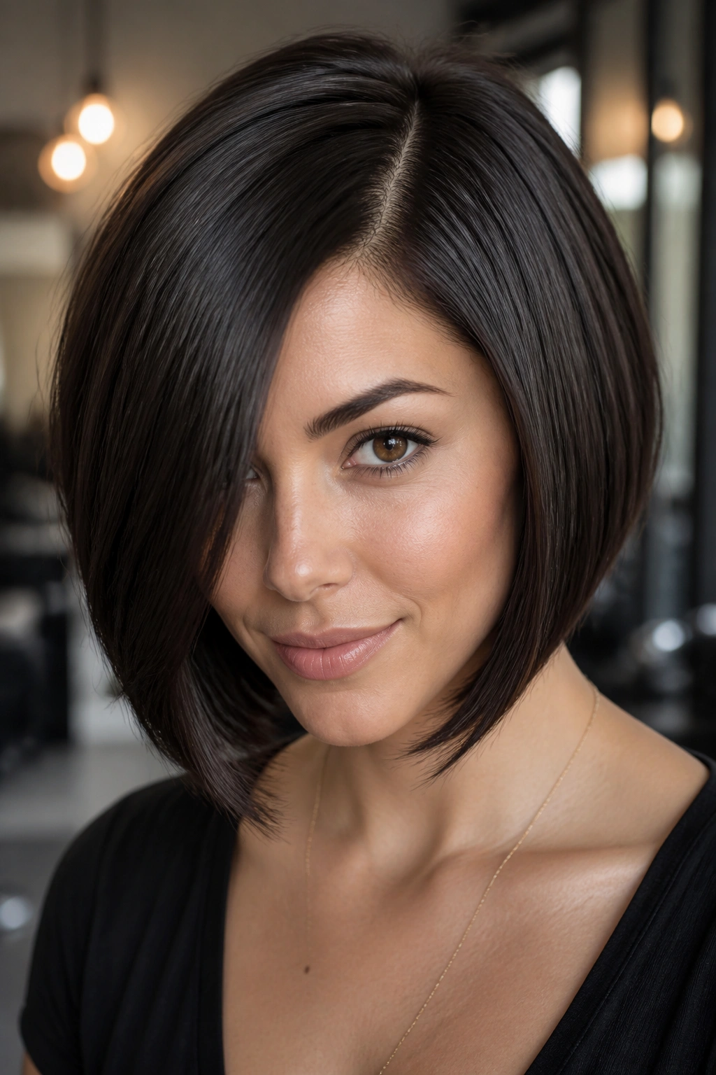 Close-up of a real woman with a deep side-part dark roast bob, sleek and voluminous.