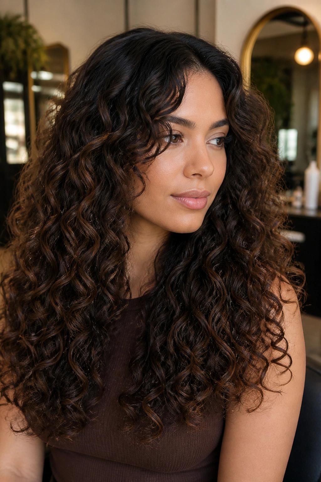 Close-up of a real person with dark roast brown root melt on curly hair.