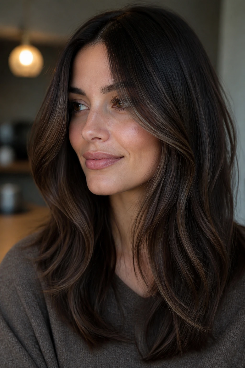 Close-up portrait of a real woman with deep dark brunette hair and satin caramel dimension