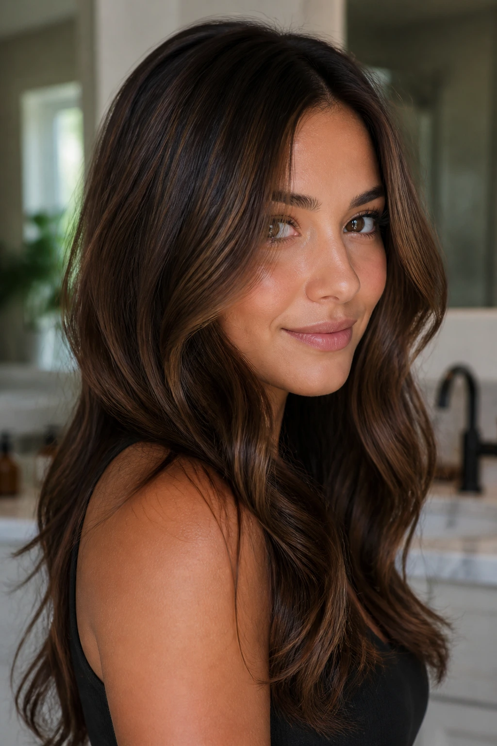 Close-up of a real woman with dark roast brown hair and micro-highlights.