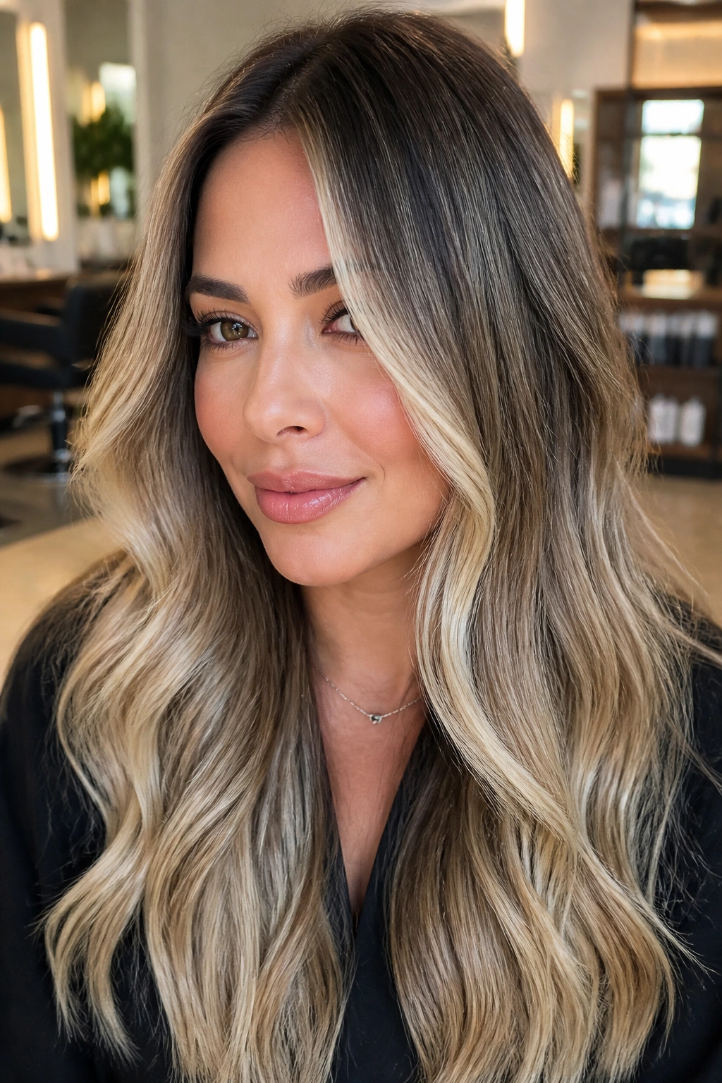 Portrait of a woman with dark root ash blonde balayage and soft transition