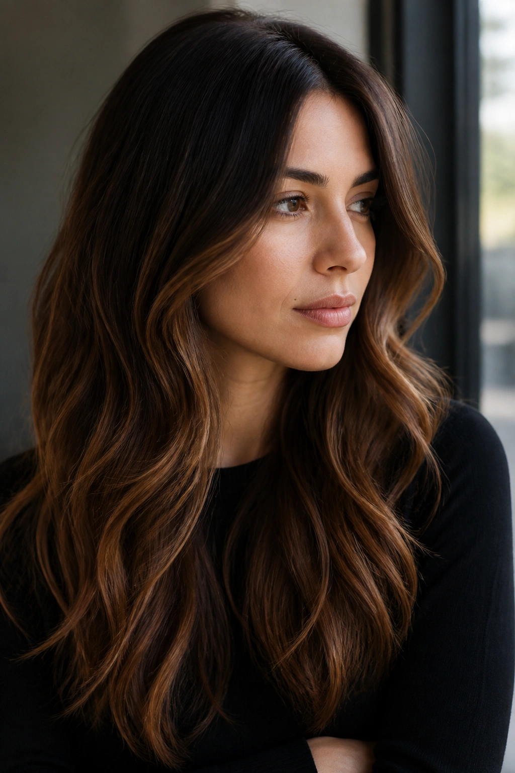 Close-up of a real woman with dark-root chestnut ombre hair under soft window light