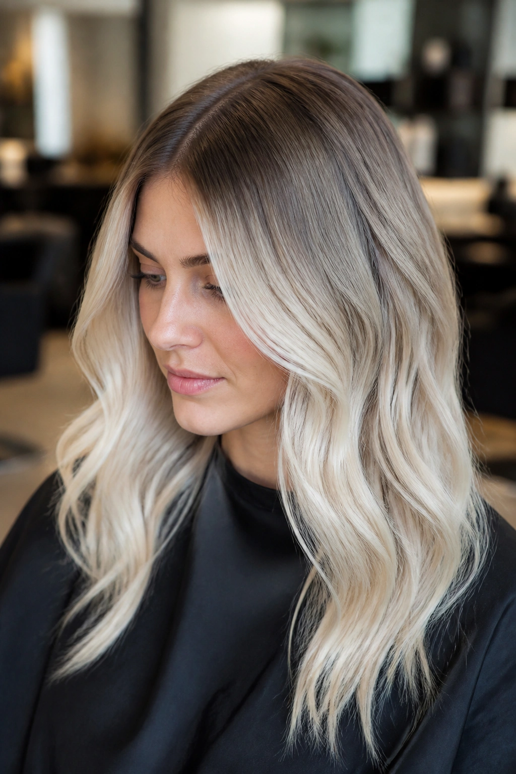 Close-up of a real person with dark-root melt and platinum ends in salon lighting