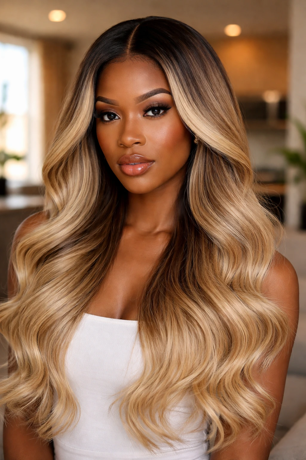 Close-up of real Black woman with dark-root ombre blonde sew-in.