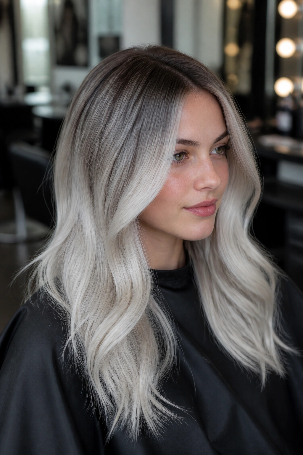 Close-up portrait of a real woman with cool root shadow fading to pale silver