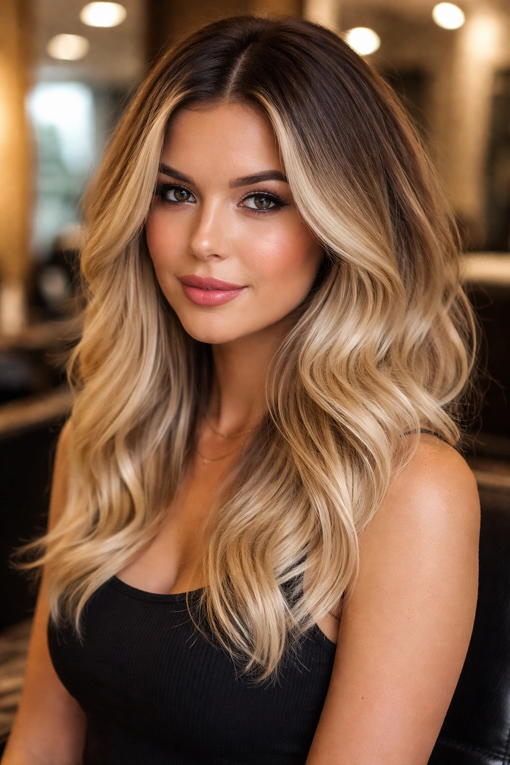 Close-up of a woman showing dark roots blending into blonde hair