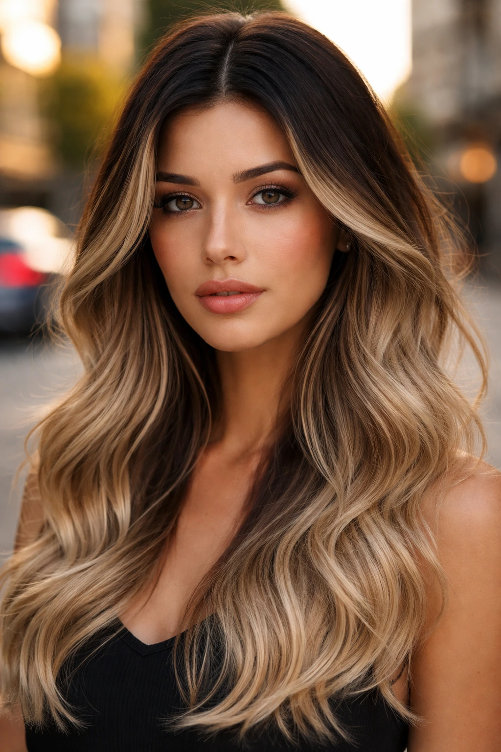 Close-up portrait of a real person with dark roots and beige ends