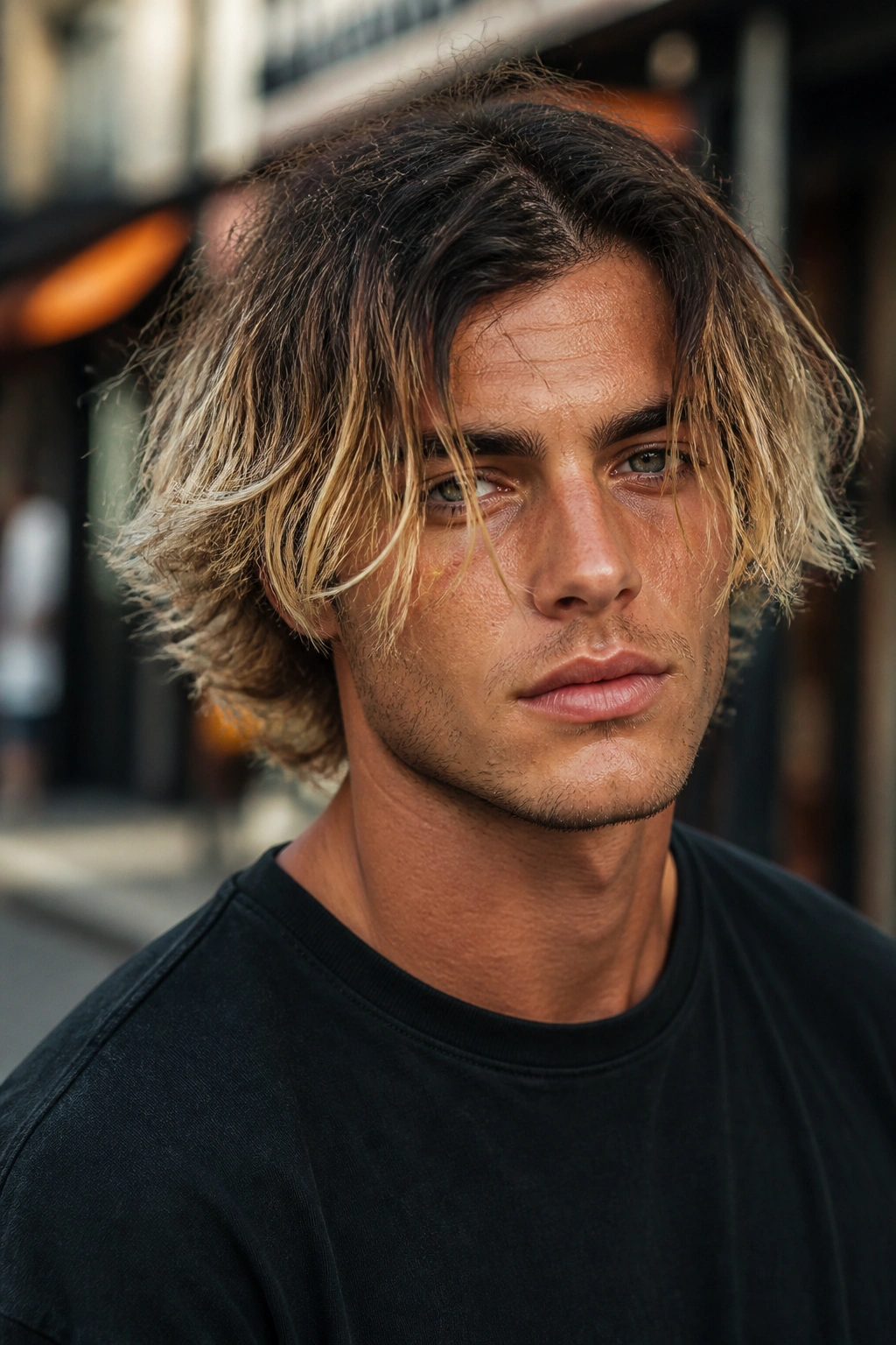 Close-up portrait of a man with dark roots and bleached ends in an urban setting