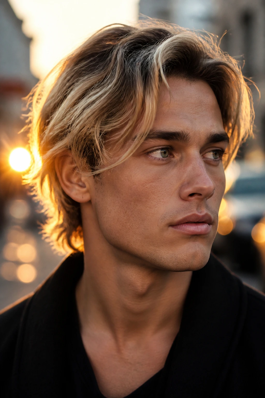 Close-up of a man with dark roots blending into blonde hair on an urban street