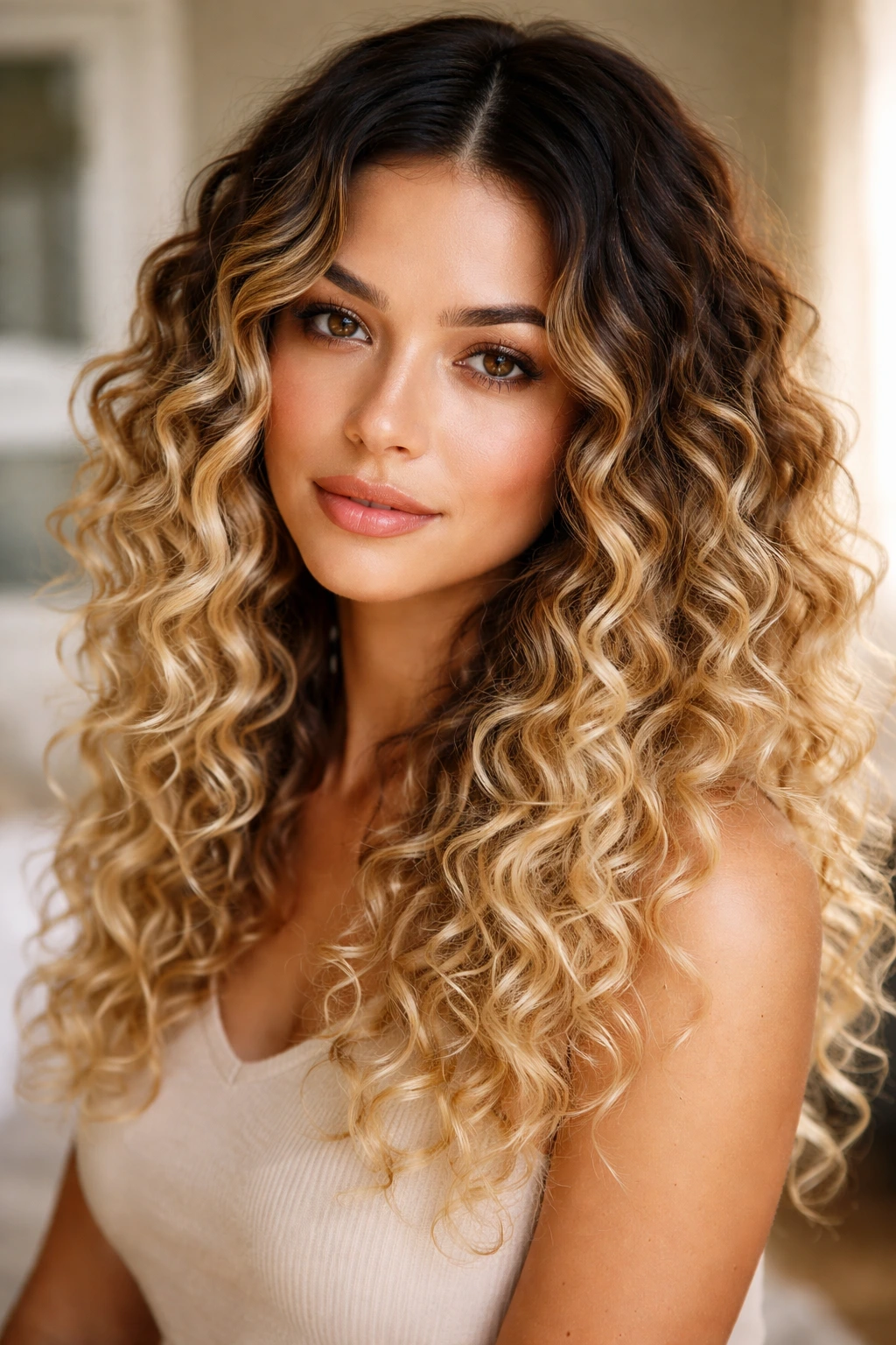 Close-up of real person with dark roots transitioning to blonde ends