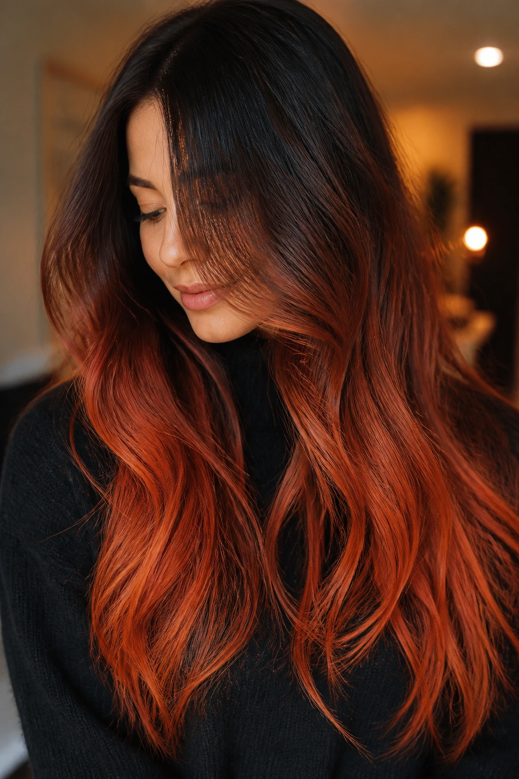 Close-up of long hair with dark roots and bright ember ends