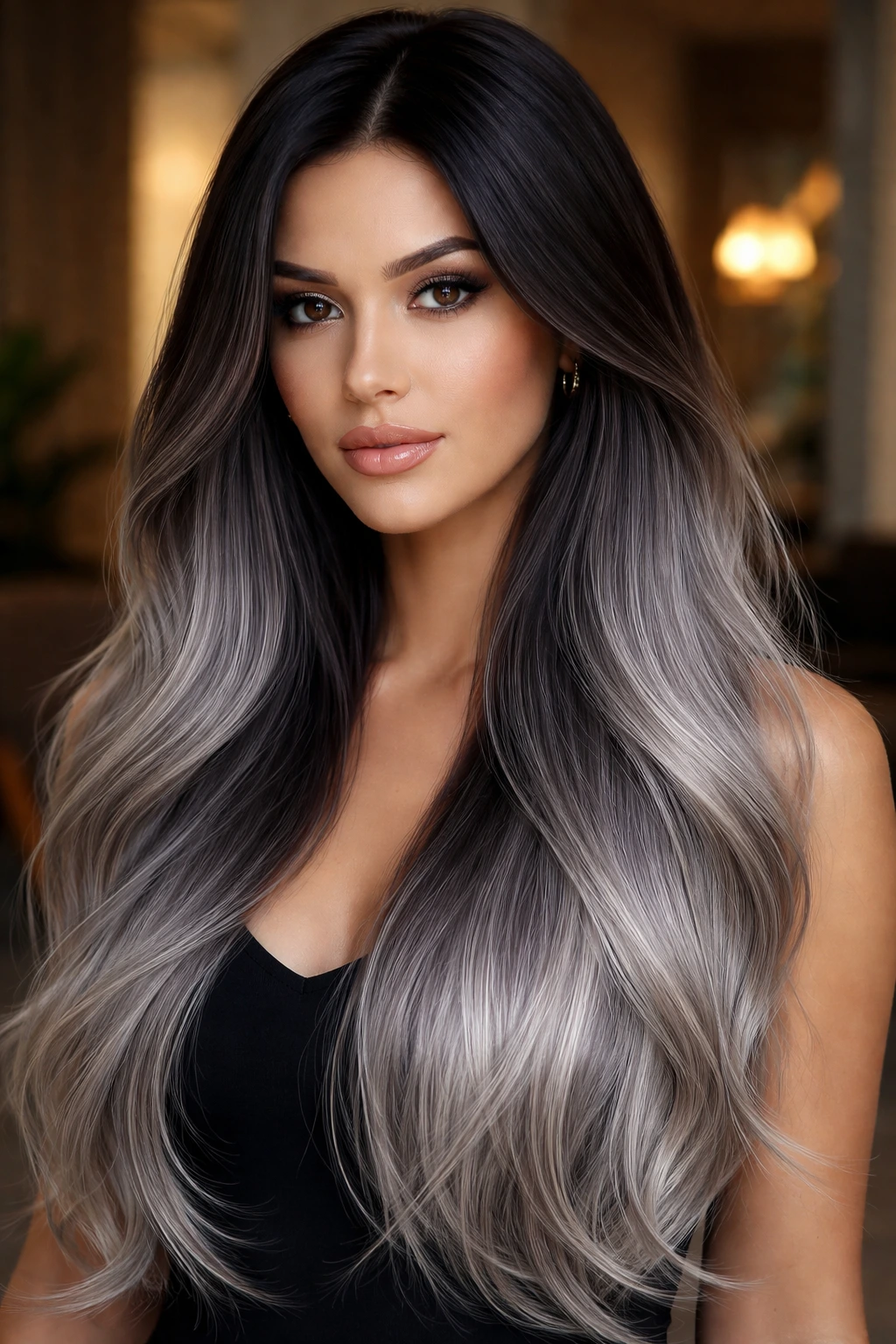 Close-up portrait of a real woman with dark roots transitioning to steel gray hair