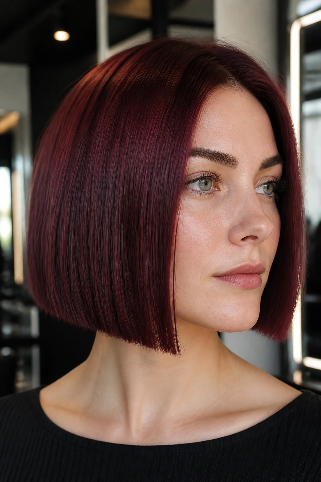 Portrait of a woman with a dark ruby burgundy bob and blunt ends