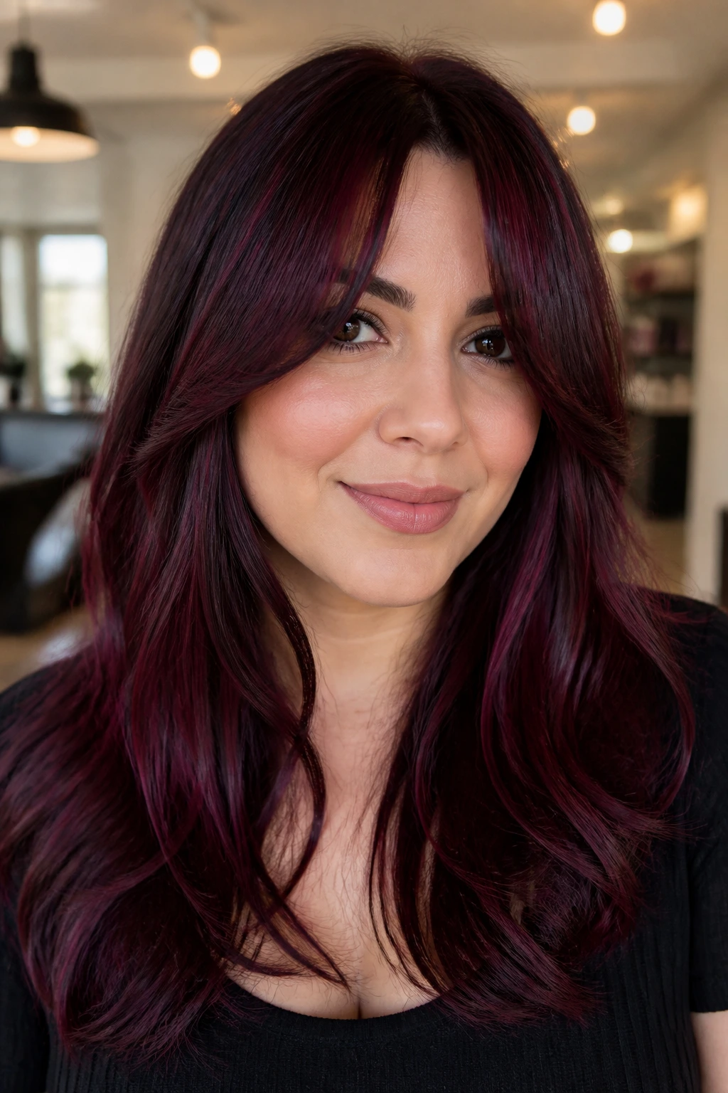 Real woman with dark sangria color and curtain bangs in a chic interior setting.