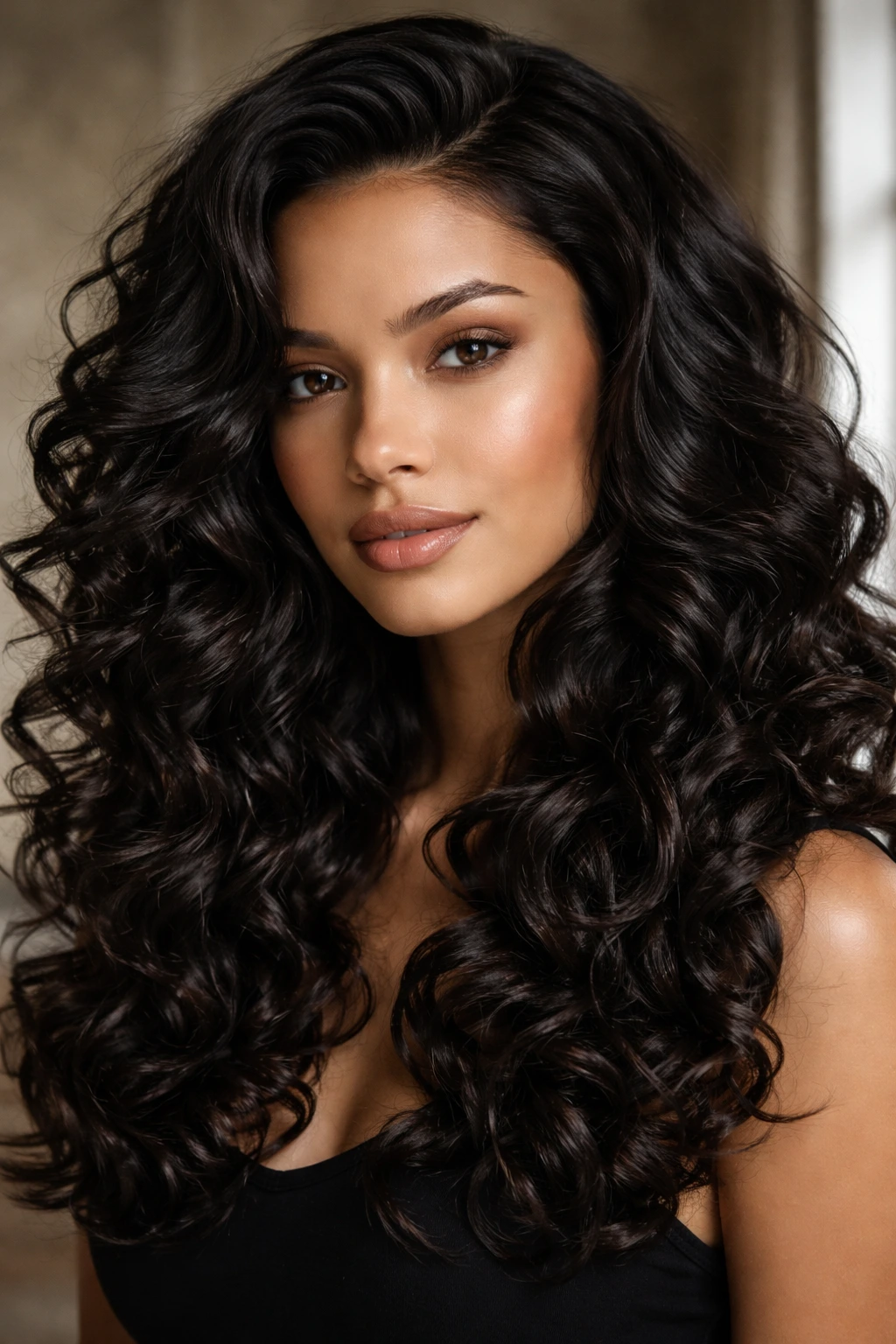Close-up of a real woman's curly hair in dark truffle shade