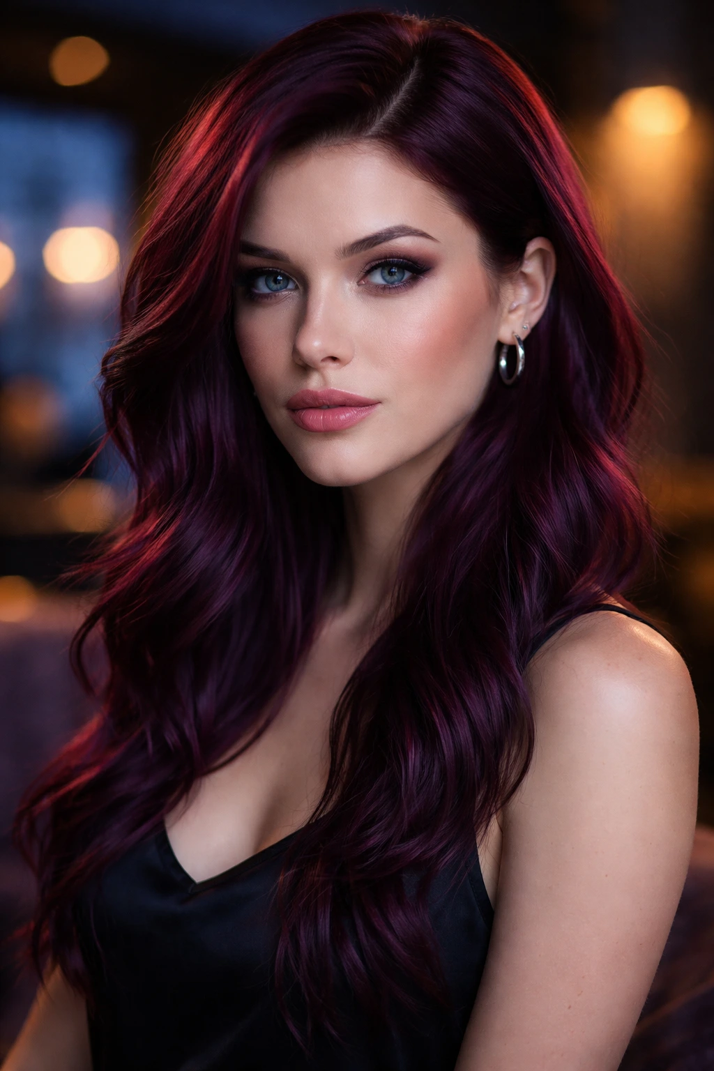 Close-up portrait of a real woman with dark violet-red hair under cool dusk light