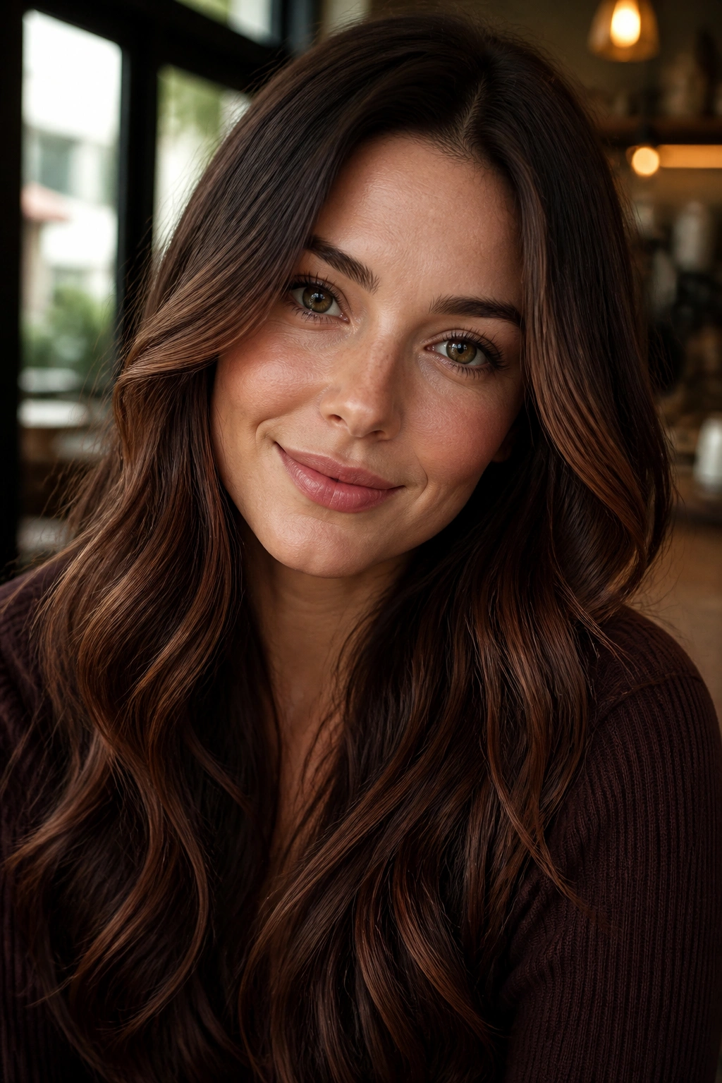 Close-up portrait of a real person with dark walnut hair and cinnamon veil