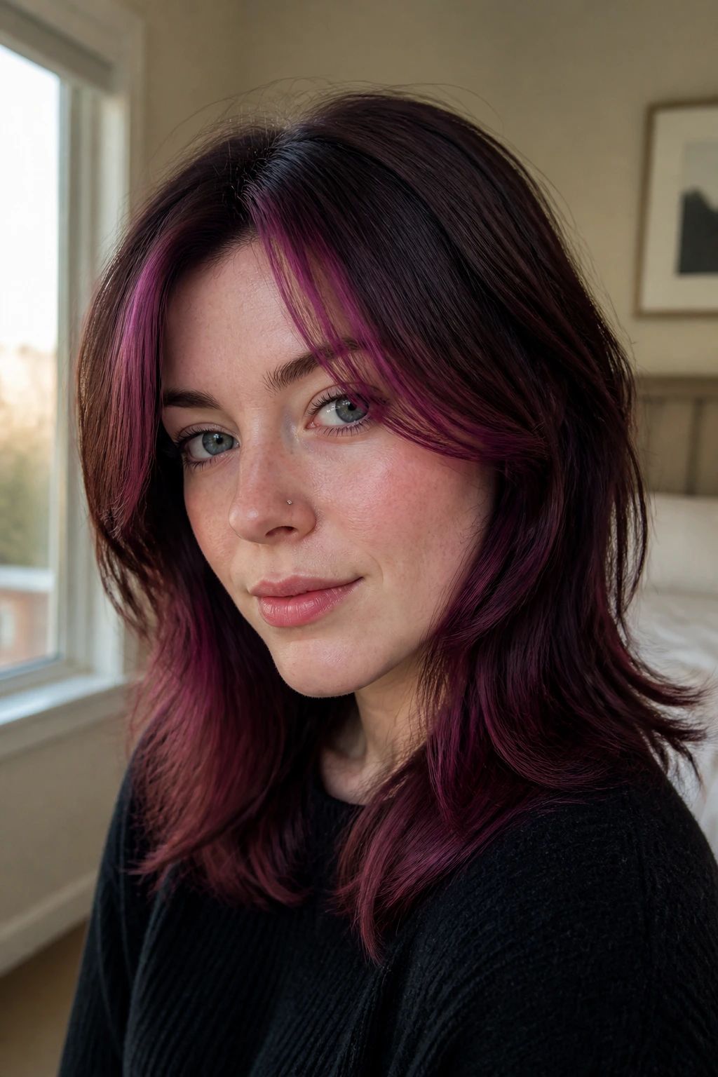 Close-up of a real woman with a dark berry face-frame hair highlighting cool skin tone