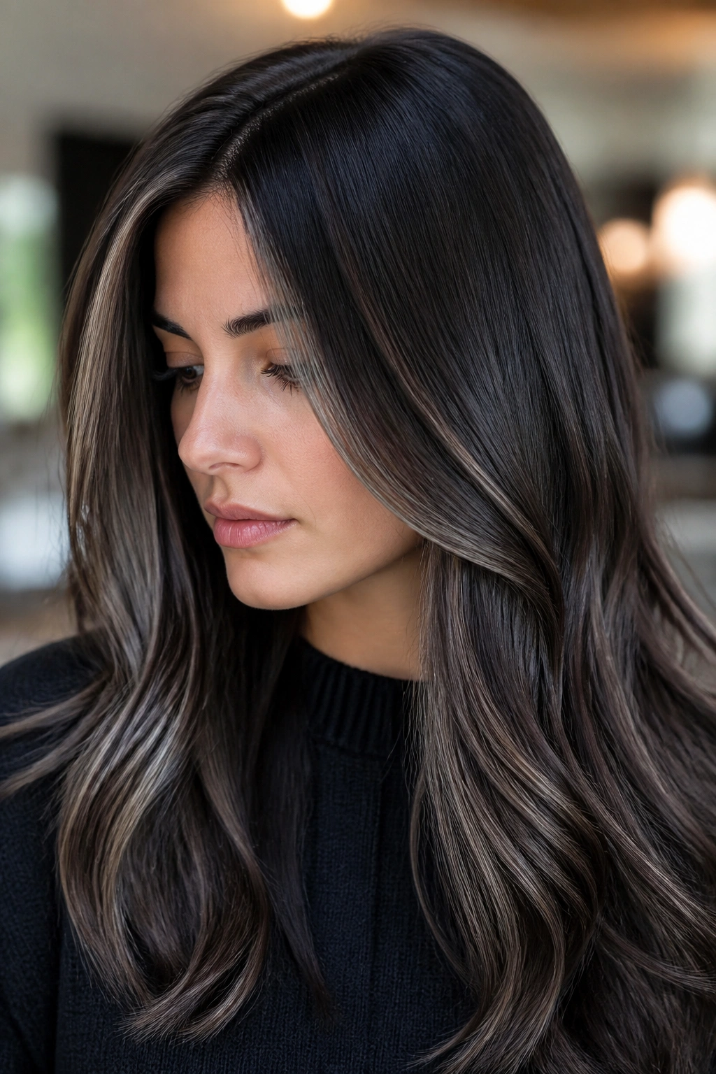 Portrait of a real woman with dark chocolate hair and silver-toned highlights