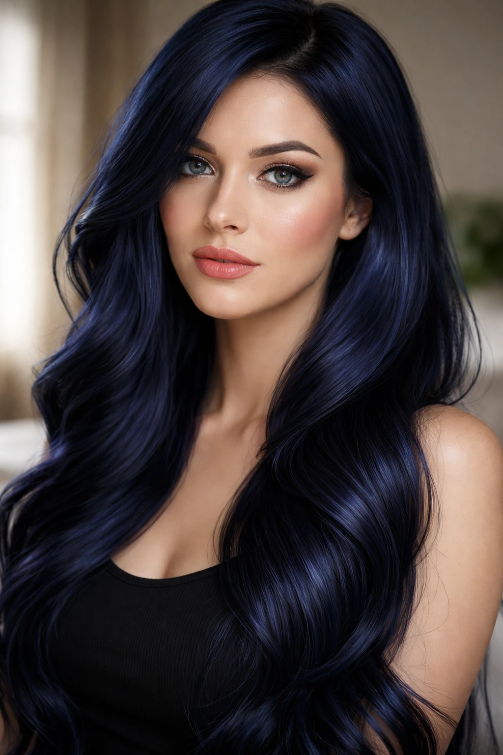 Close-up of a real person with darkened sapphire hair under natural window light