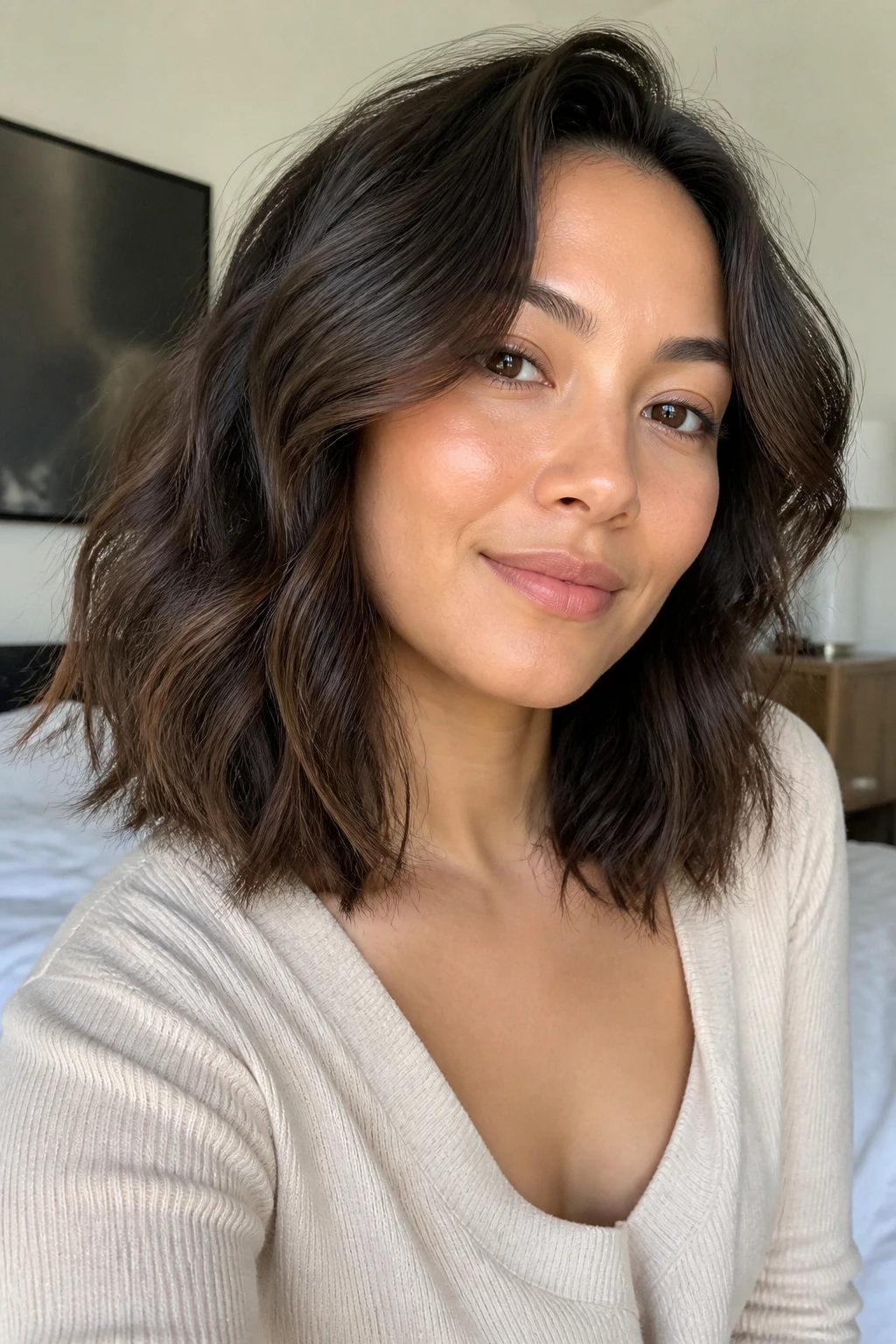 Close-up of a real person with day-two waves in medium-length hair
