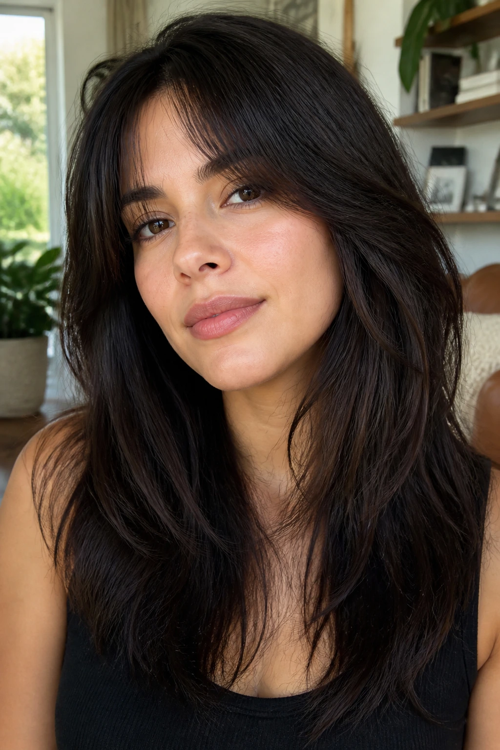 Close-up portrait of a real woman with de-bulked layers on thick hair