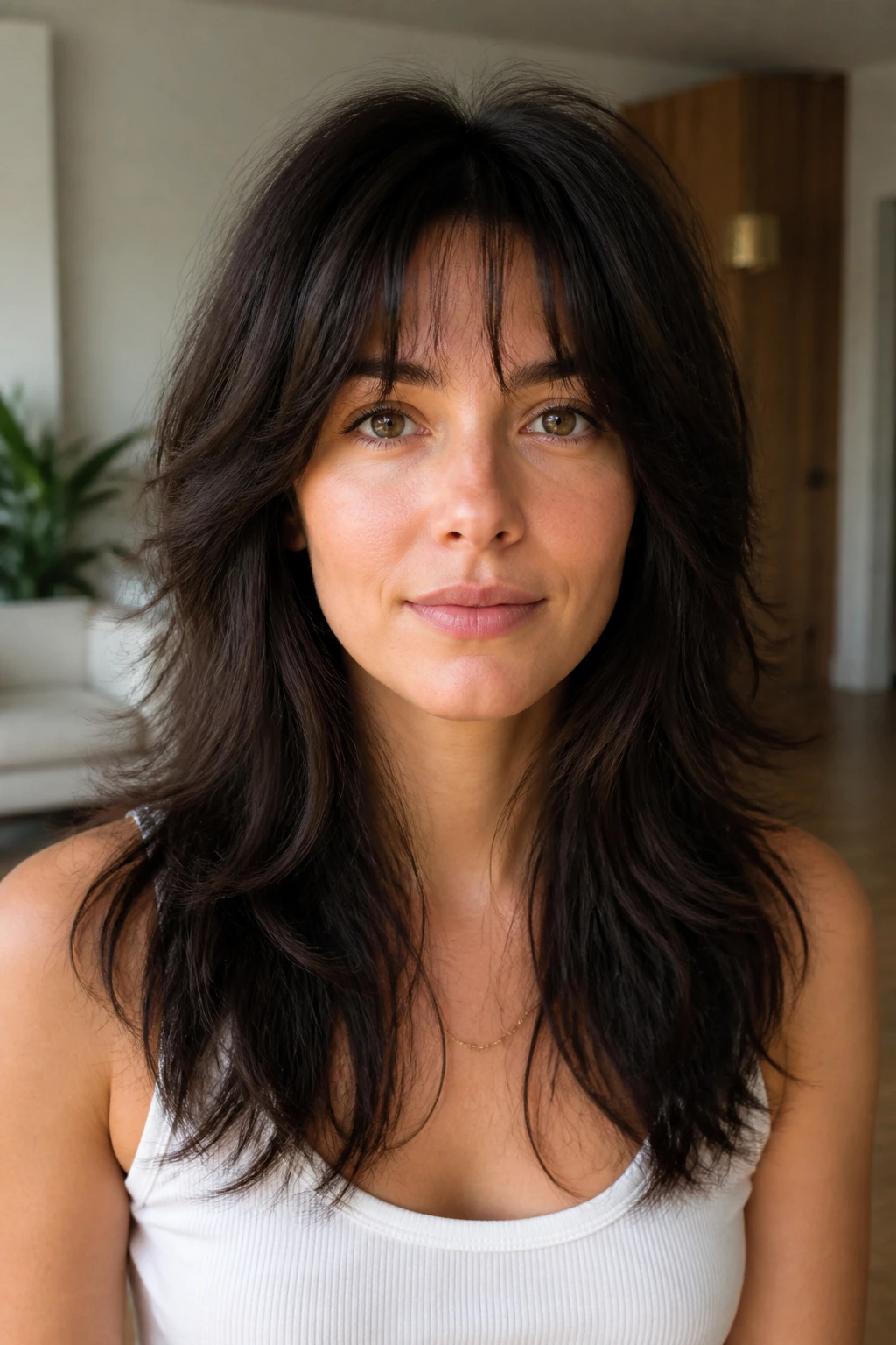 Close-up portrait of a real woman with debulked shag for thick hair in a cozy living room setting