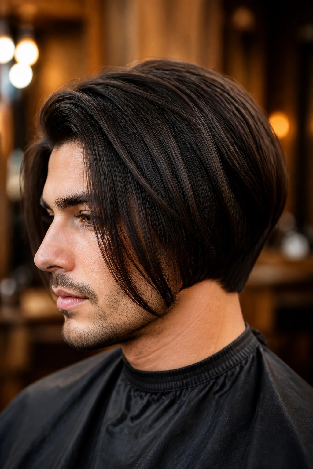 Close-up of a man with thick-hair inverted bob debulked for a crisp silhouette
