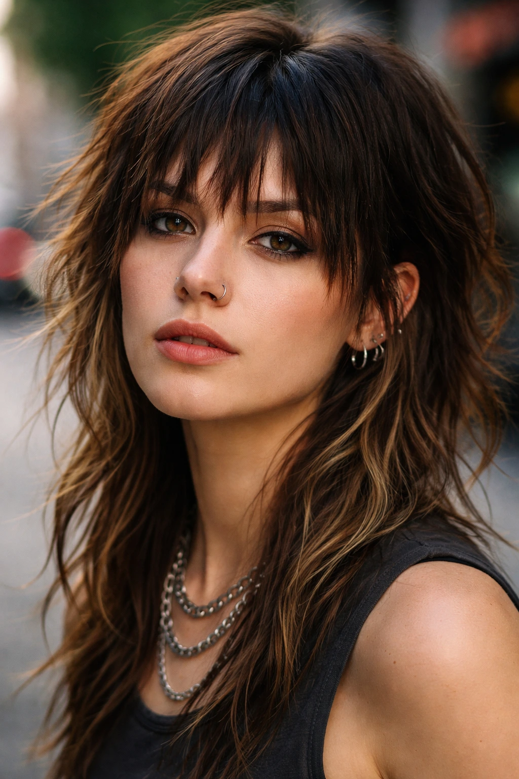 Close-up of real person with uneven deconstructed bangs filling the frame