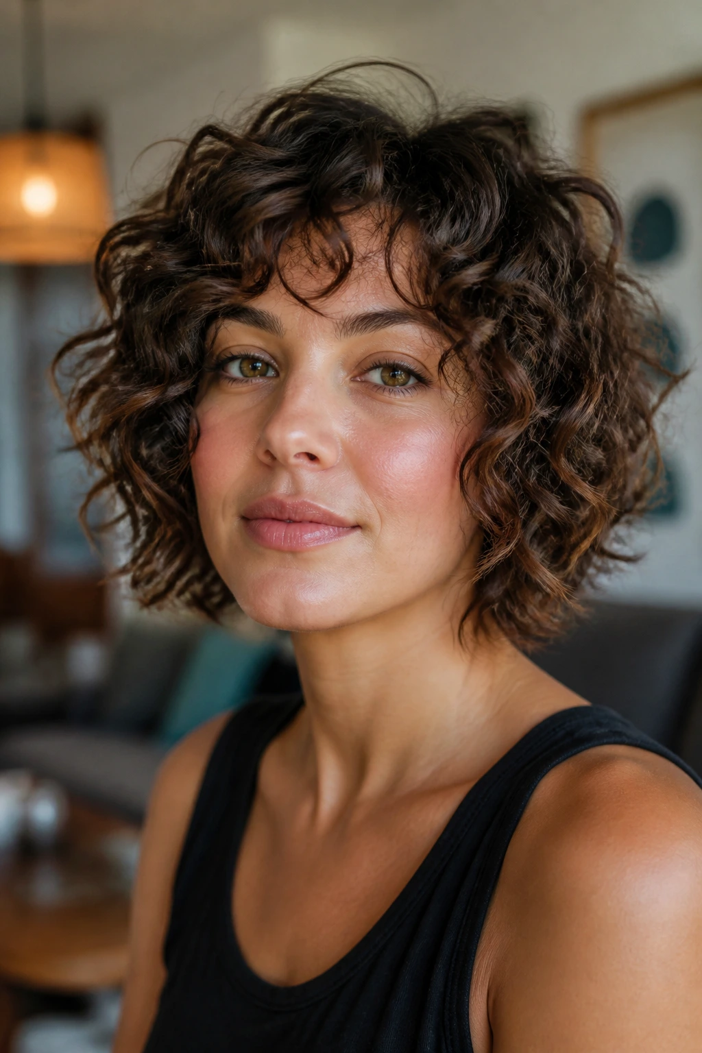 Portrait of a real woman with a deconstructed curly bob showing uneven lengths