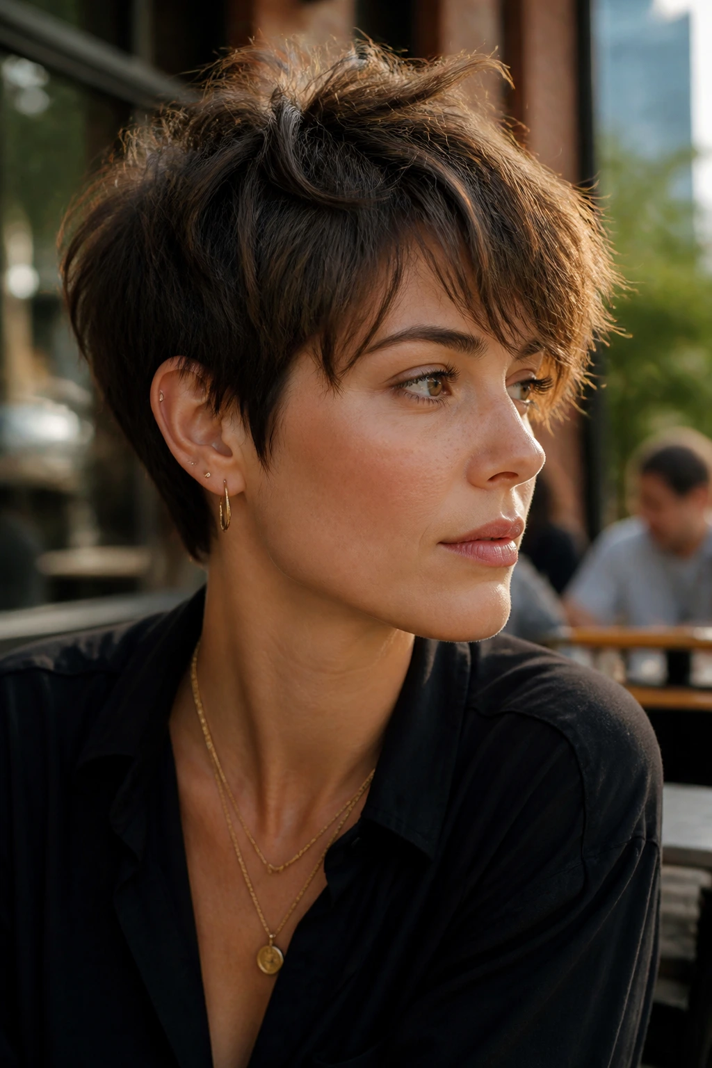Close-up of a real person with Deconstructed Pixie hairstyle showing textured, uneven top pieces outdoors