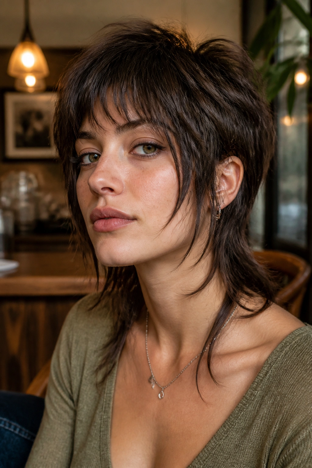Portrait of a real person with deconstructed shag mullet and face-framing ribbons