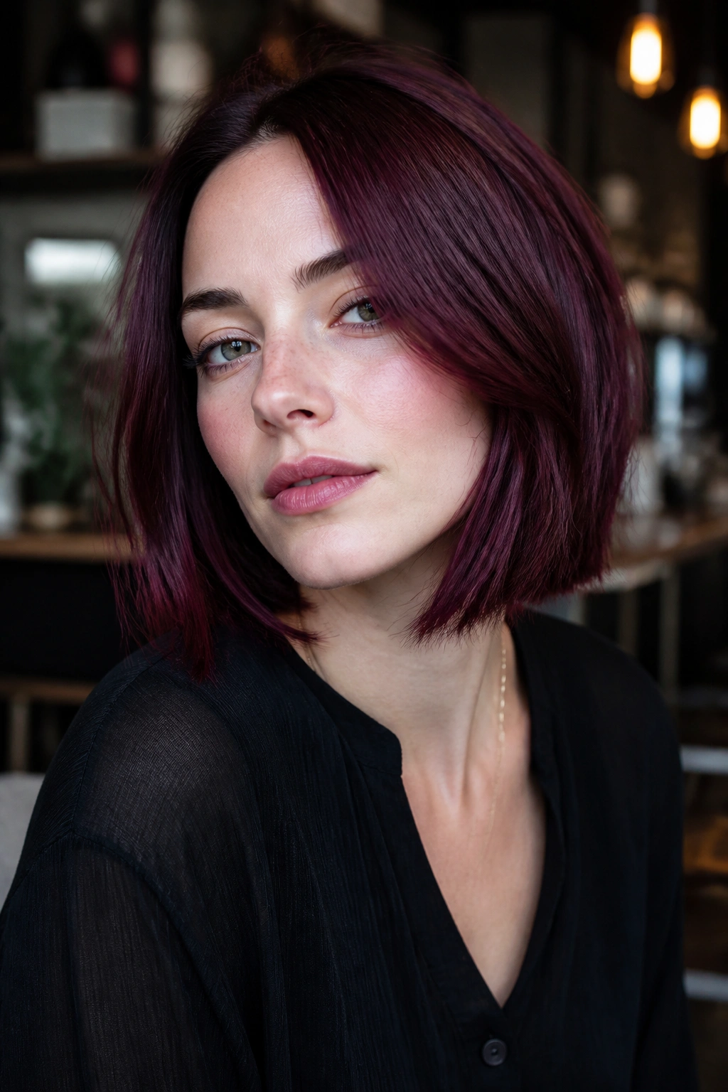 Close-up portrait of a person with deep amethyst burgundy hair in a short bob