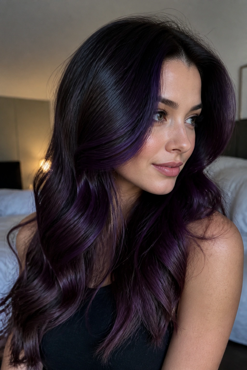 Close-up of a real person with deep amethyst gloss hair, rich violet shine.
