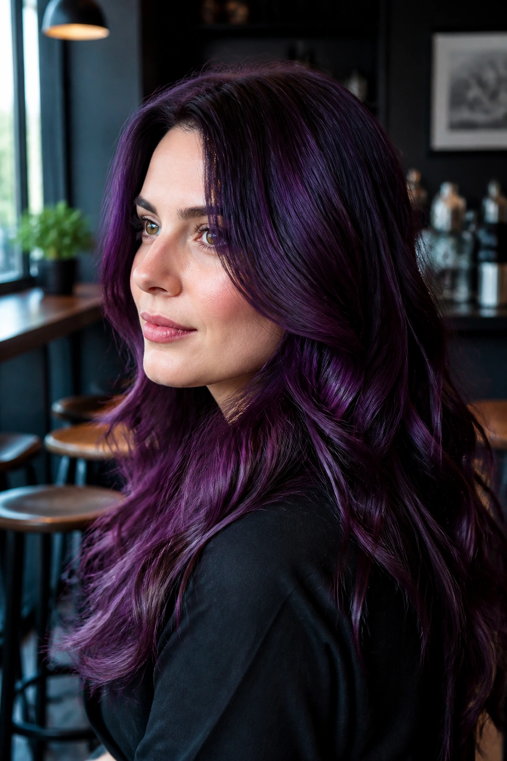 Close-up portrait of a woman with deep amethyst hair in a chic cafe.