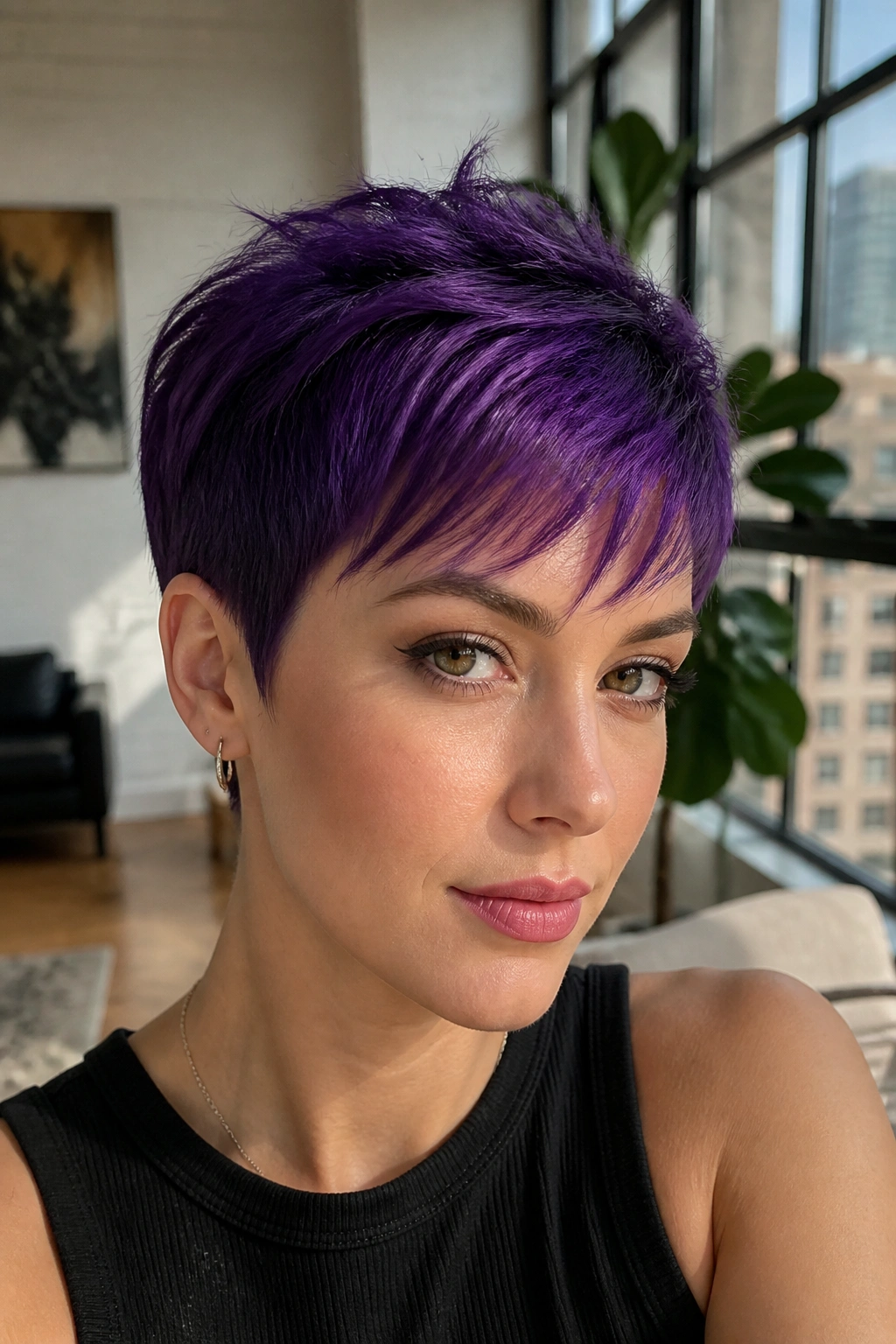 Real person with deep amethyst pixie haircut in a bright loft