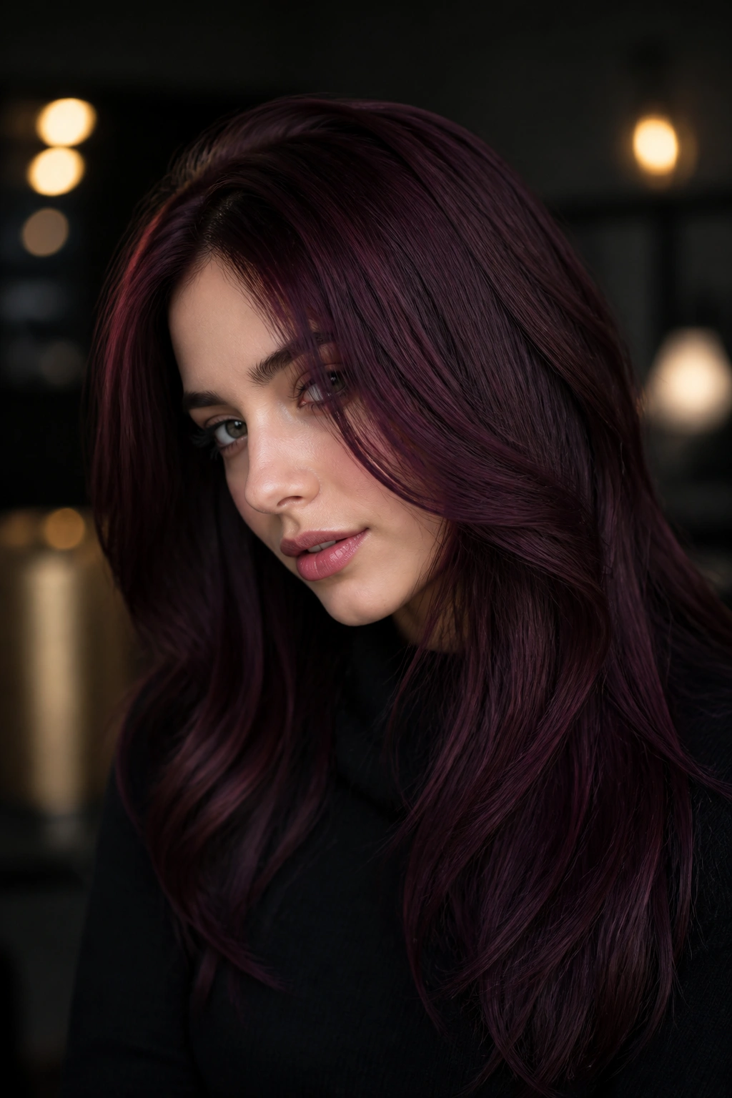 Close-up portrait of a real person with deep burgundy-violet hair.