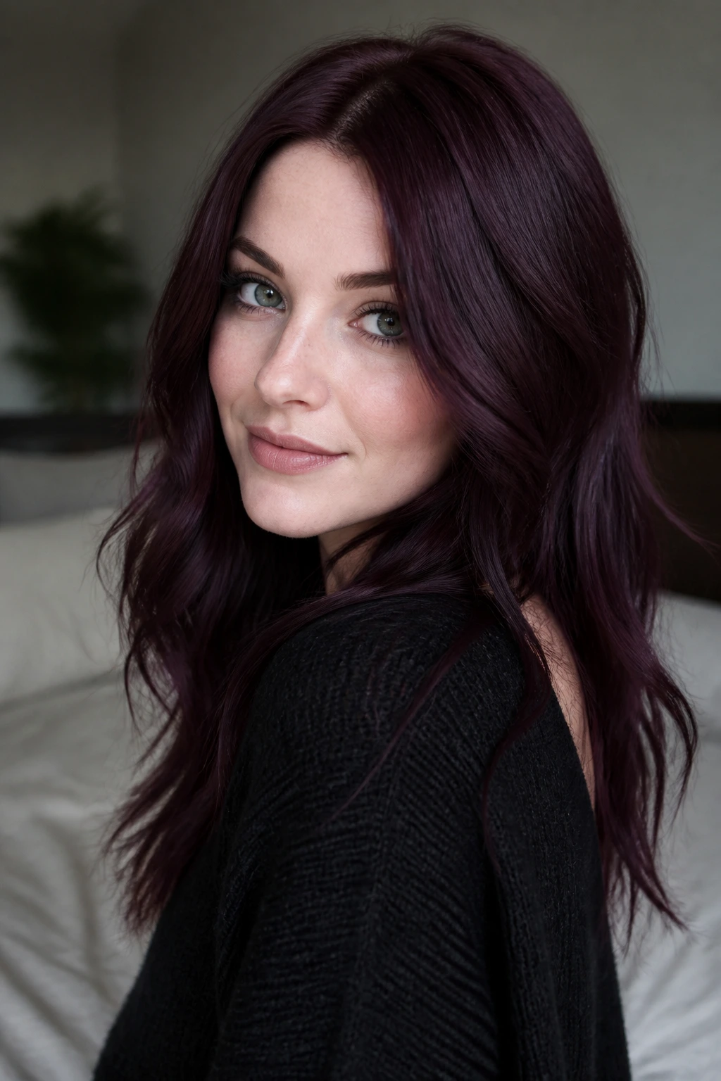 Close-up portrait of a real person with deep aubergine hair on cool-toned skin