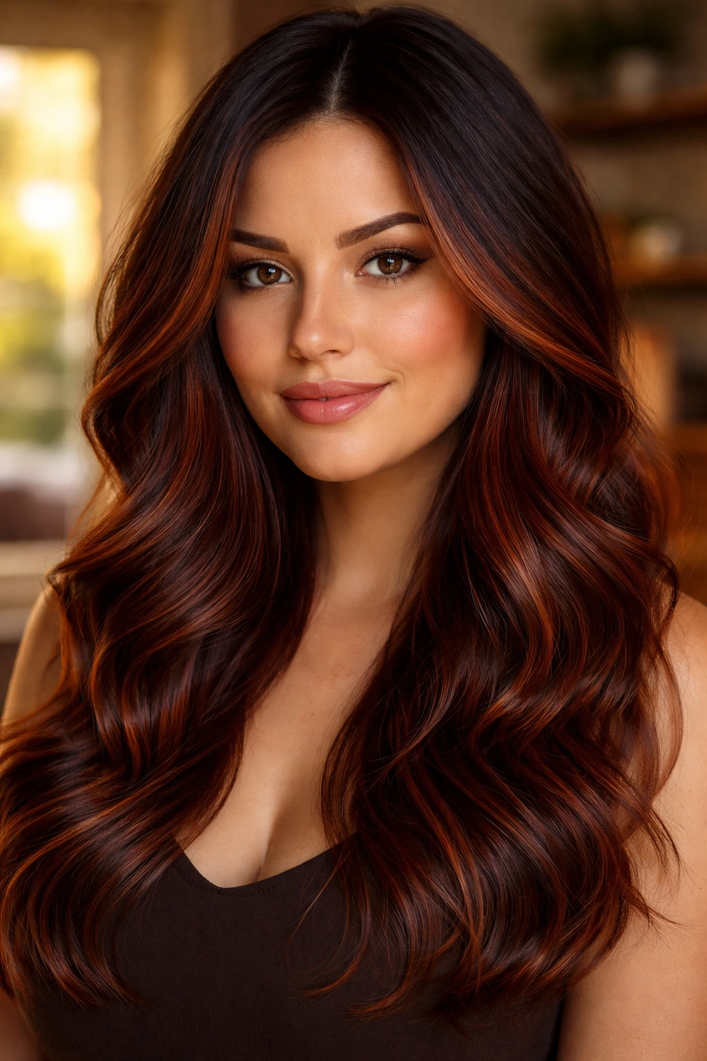 Close-up of a woman with deep auburn balayage on dark brown hair.