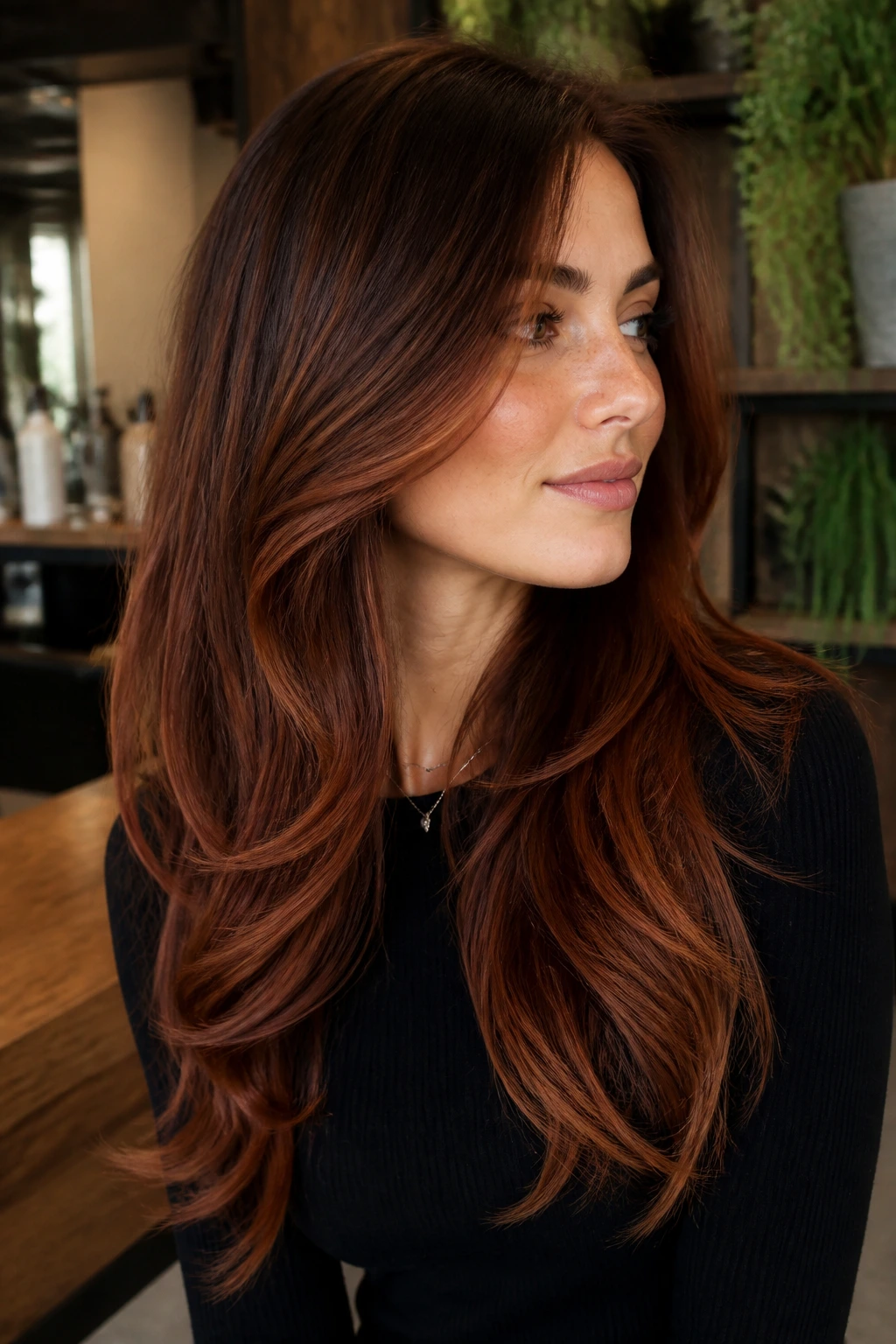 Medium close-up of a real woman with deep auburn balayage on long layered hair in a salon setting