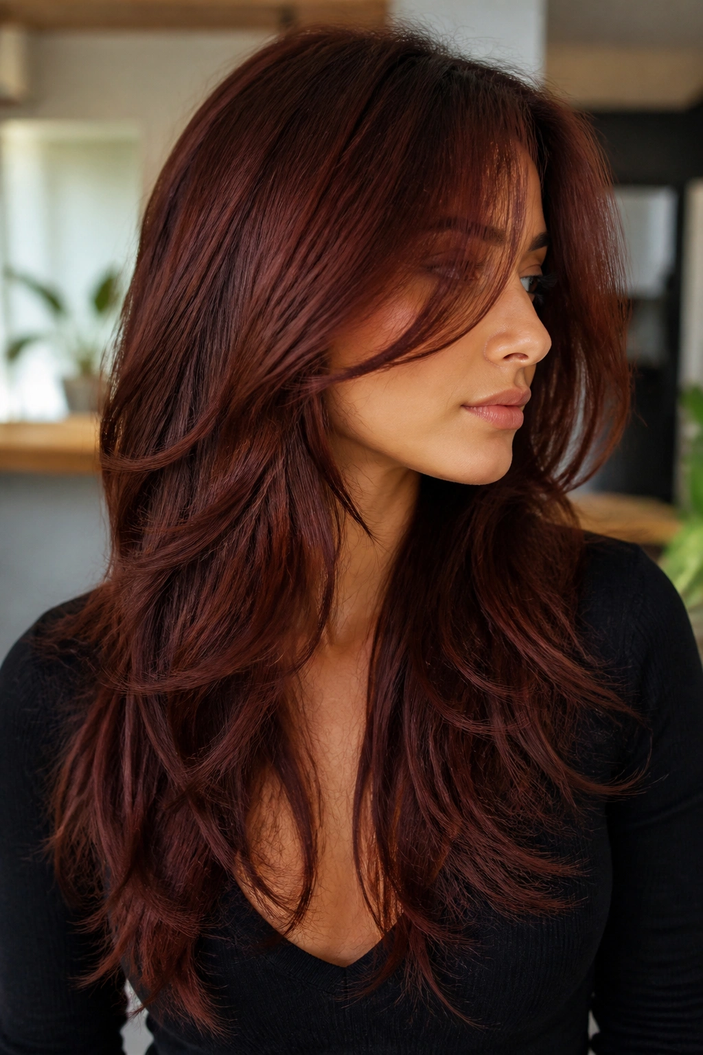 Medium close-up of a real woman's layered deep auburn hair under soft indoor light