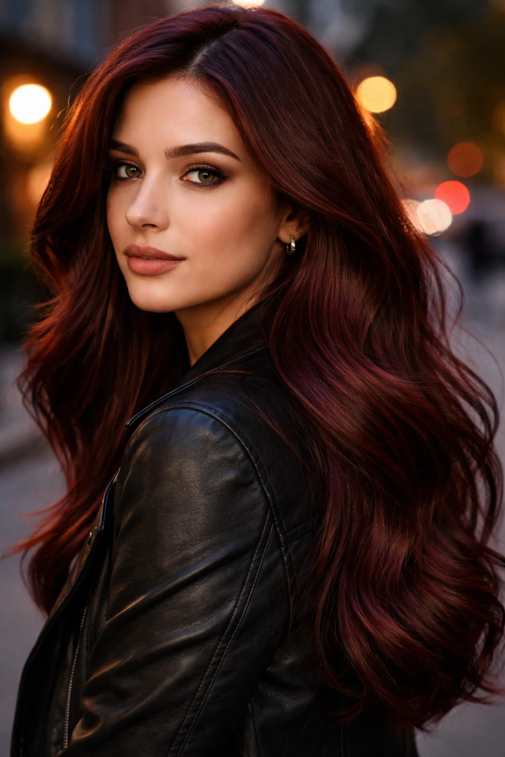 Close-up of a real woman with deep auburn mahogany hair illuminated by warm streetlight.