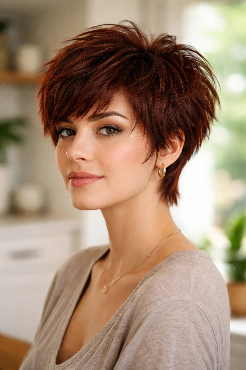 Close-up of a real woman with a deep auburn textured pixie shag.