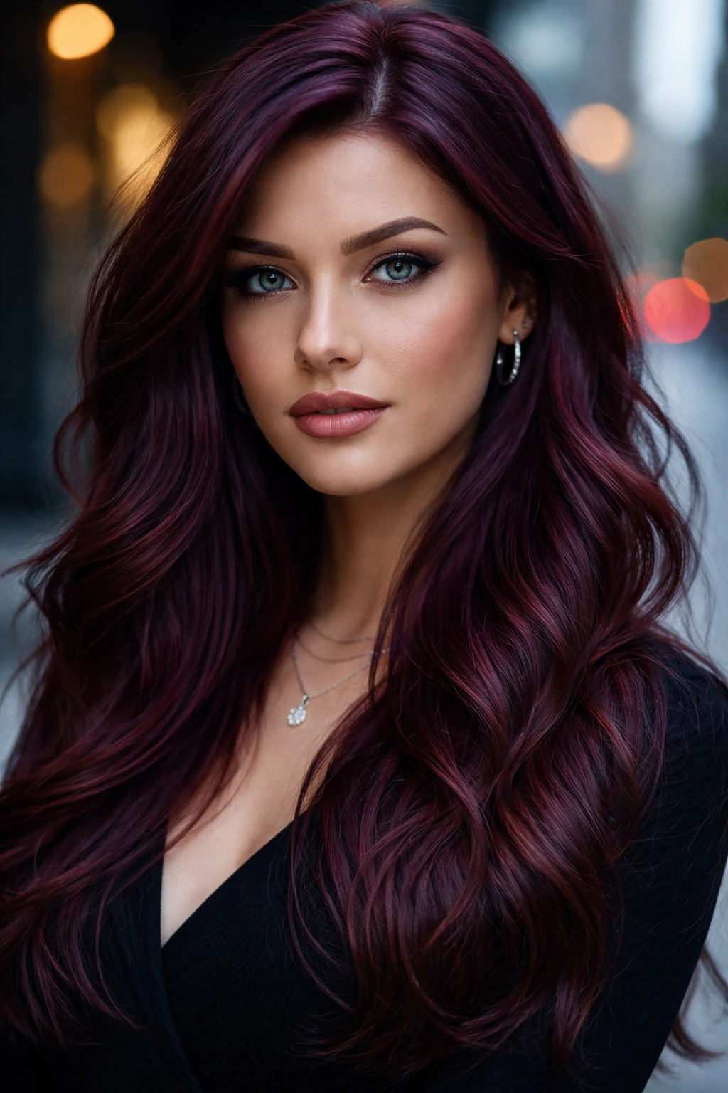 Close-up portrait of deep auburn-violet hair on a real person