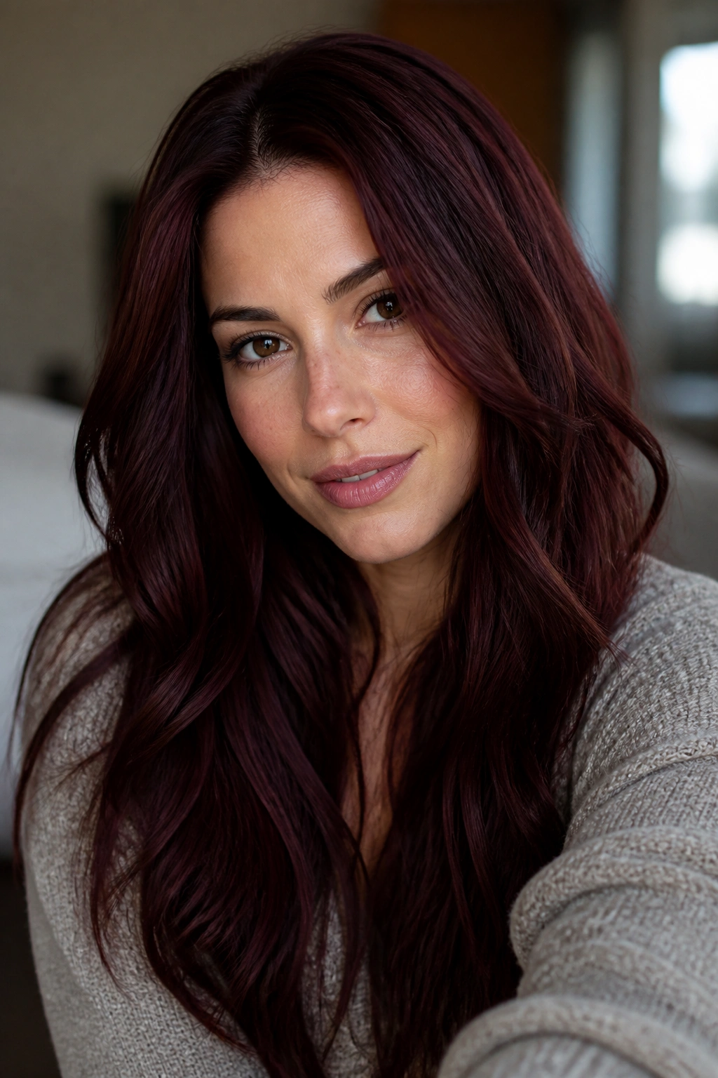 Close-up portrait of a real woman with deep berry brunette hair in a cozy interior.