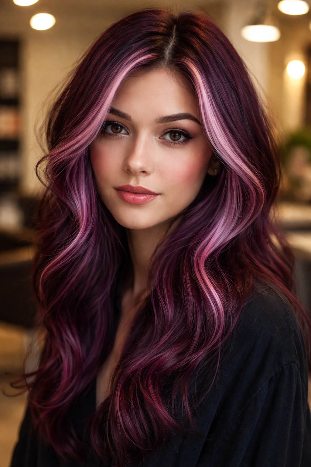 Close-up of a real person with deep berry hair and icy pink highlights in a salon