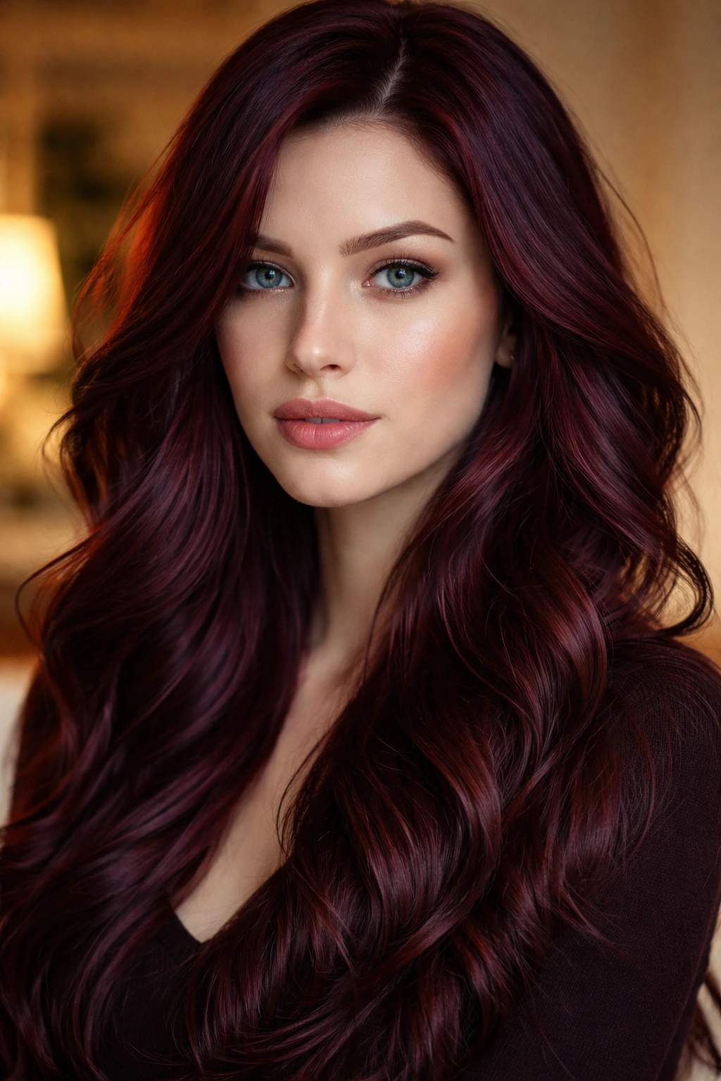 Close-up of a real woman with deep berry mahogany color in warm lighting