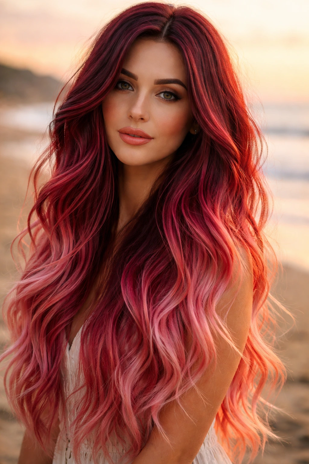 Long hair transitioning from deep berry to pastel red at sunset on a real person