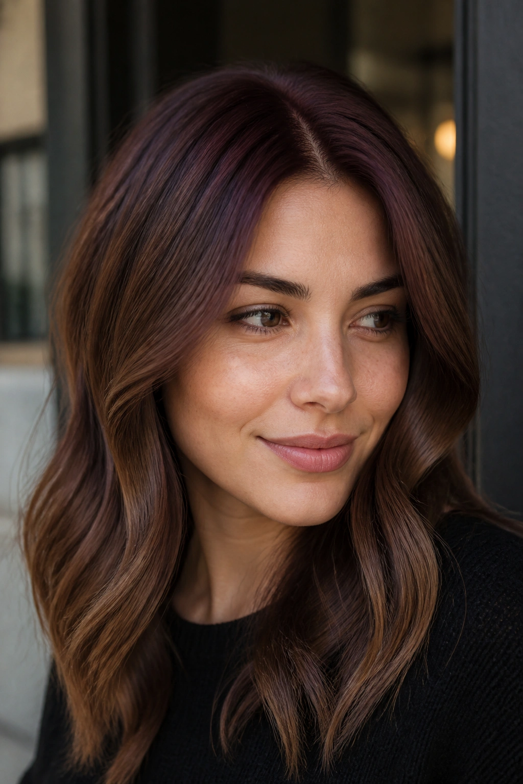 Close-up of a real woman with deep berry shadow root blending into brown